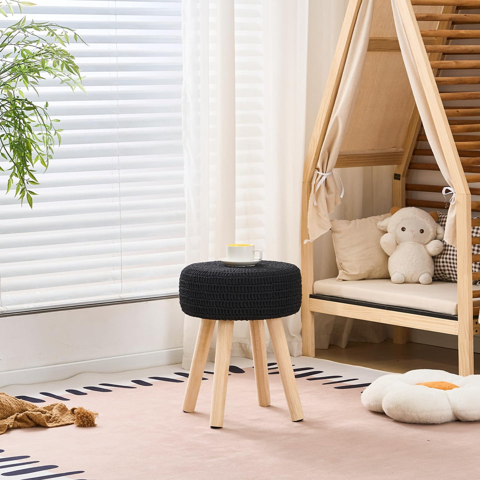 Wimarsbon Pouf Ottoman, 100% Cotton Knitted Boho Footstool, Round Footrest with Non-Skid Wood Legs, Home Décor Handmade Pouffe, Leisure Floor Step Stool for Living Room (Beige)