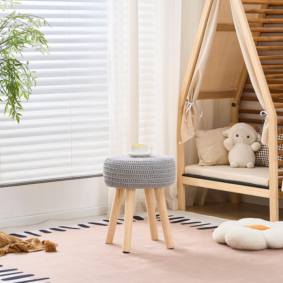Wimarsbon Pouf Ottoman, 100% Cotton Knitted Boho Footstool, Round Footrest with Non-Skid Wood Legs, Home Décor Handmade Pouffe, Leisure Floor Step Stool for Living Room (Beige)