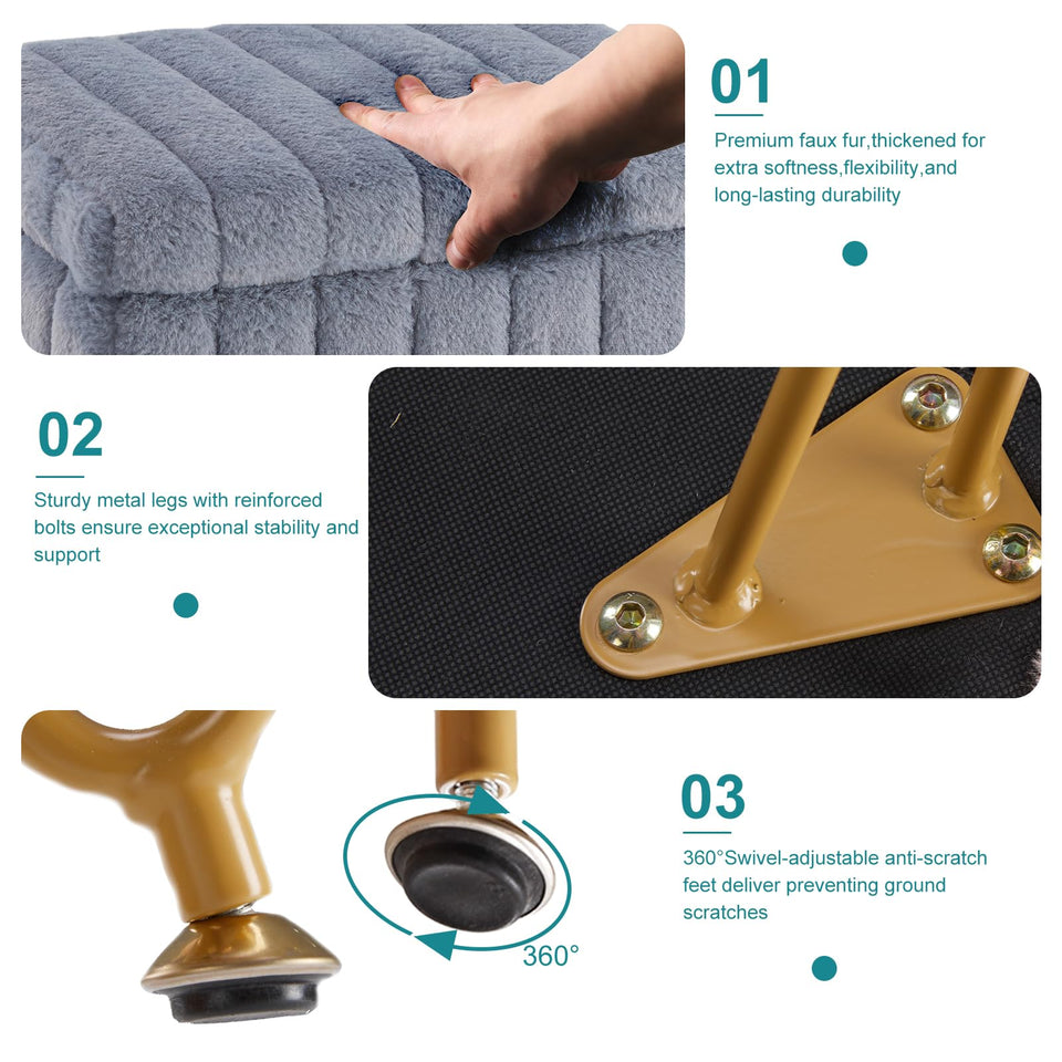 DUMOS Vanity Stool Chair, Ottoman with Storage, Makeup Cute Soft Small Footstool, Modern Style Faux Fur Seat with 4 Metal Legs & Adjustable Feet for Dressing, Living Room, Bedroom, Dorm, Grey