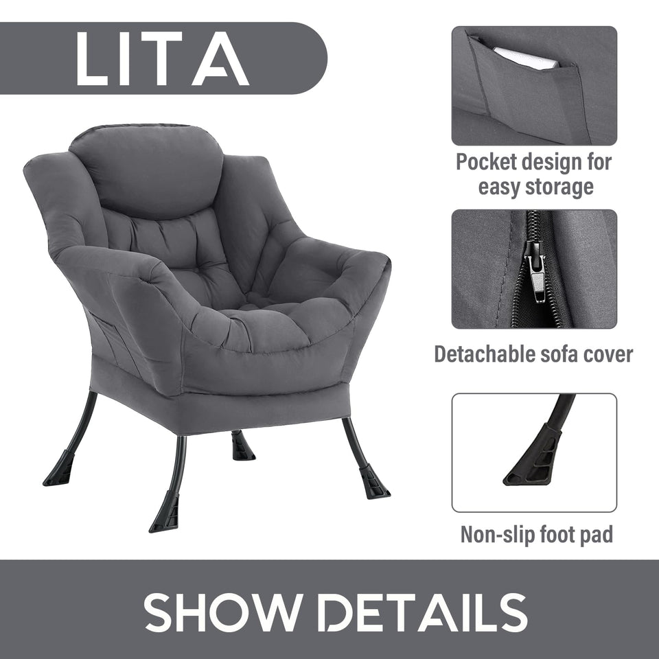 LITA Lazy Chair with Ottoman, Modern Accent Leisure Upholstered Lazy Sofa Armchair, Contemporary Lounge Reading Chair with Armrests and a Side Pocket for Living Room, Bedroom & Small Space, Dark Grey