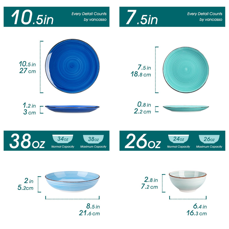 vancasso Bonita Dinnerware Set 24 Pieces Blue Stoneware Service for 6, Handpainted Spirals Pattern Stoneware Combination Set