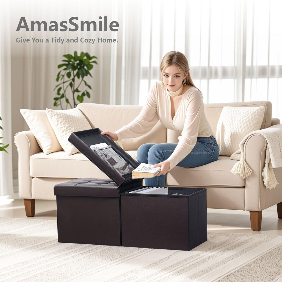 AmasSmile Footrest Ottoman Bench with Storage,34Inch Black Leather Footstool, Coffee Table, Padded Seat, Storage Chest,Blanket Store with Flipping Lid for Livingroom and Bedroom