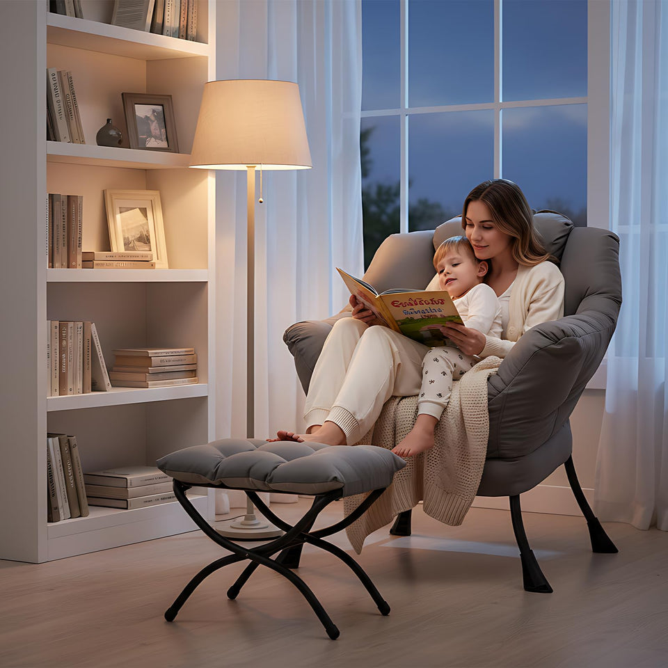 Welnow Lazy Chair with Ottoman, Modern Lounge Accent Chair with Armrests and a Side Pocket, Leisure Sofa Armchair, Reading Armchair with Footrest for Small Space, Dark Grey