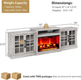 LUXOAK 97" Farmhouse TV Stand with 33" Fireplace for TVs up to 100", Media Entertainment Center with Large Storage Cabinet and Adjustable Shelves for Living Room, White/Barnwood