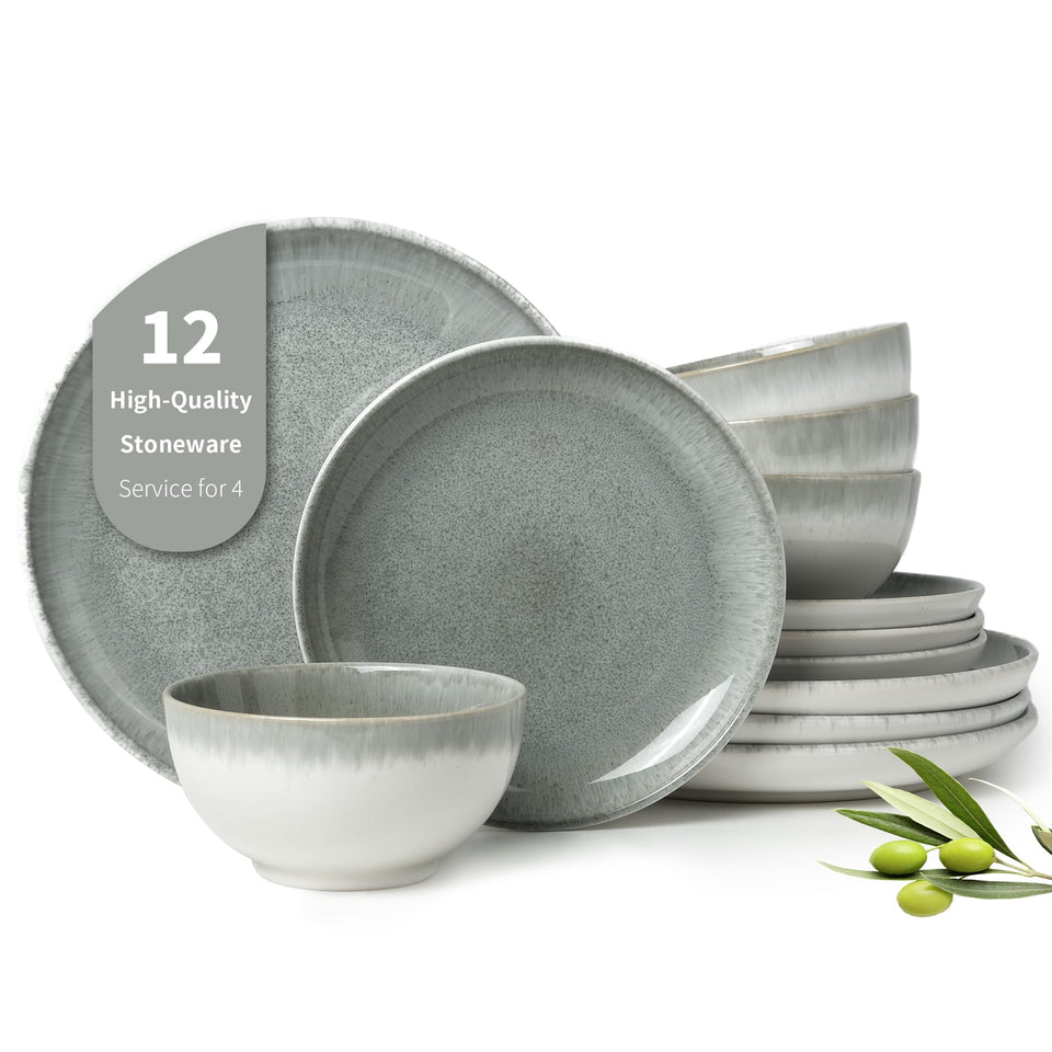 Pokini 24 Piece Dinnerware Sets for 8, Modern Stoneware Plates and Bowls Setst, Perfect for Family Gatherings & Holiday Celebrations, Easy Cleaning Dishes Set, Stack Compactly Dishware, Brown Green