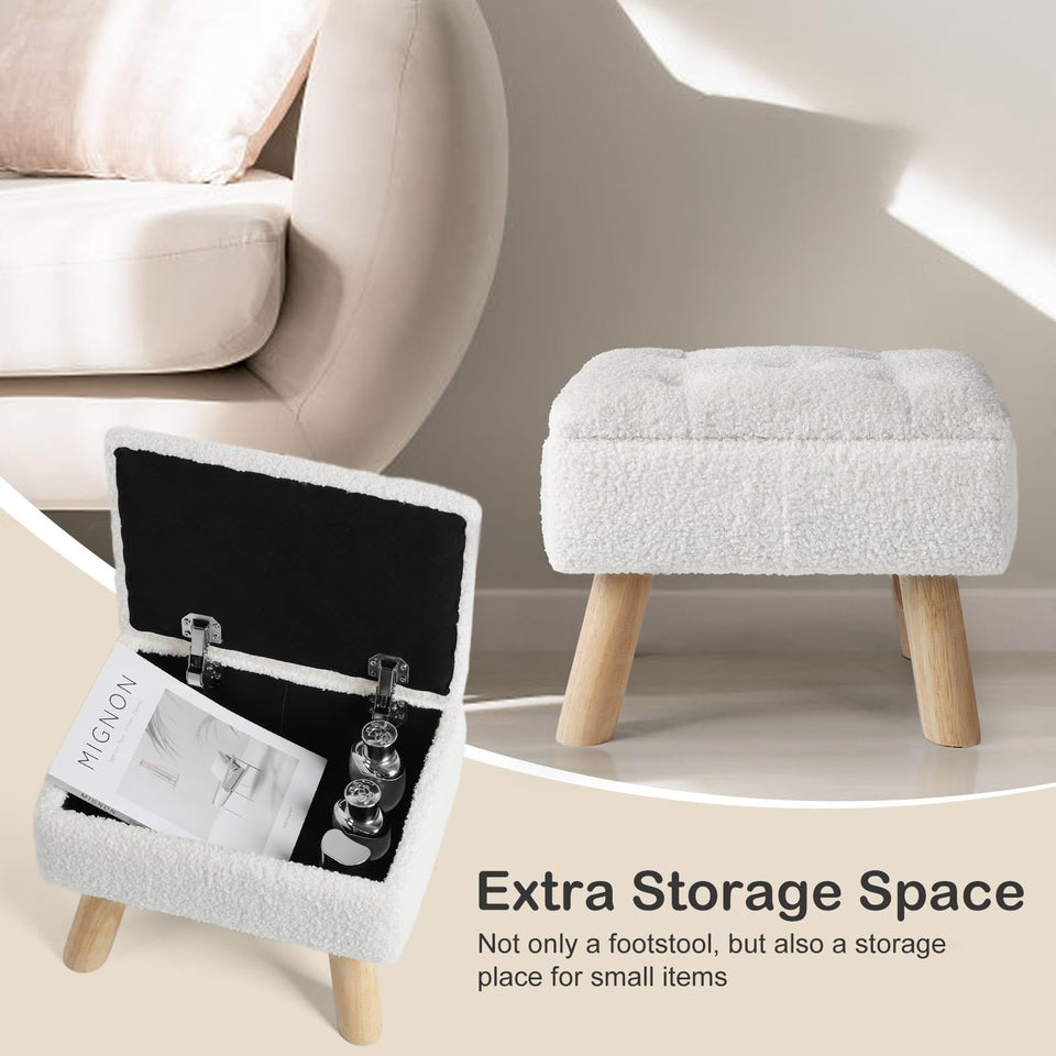 OGEMXU Storage Ottoman, Small Foot Stool Ottoman with Storage, Boucle Teddy Velvet Foot Rest with Padded Seat, Sturdy Wood Legs Stool for Living Room, Bedroom, Couch, Enterway (Cream)