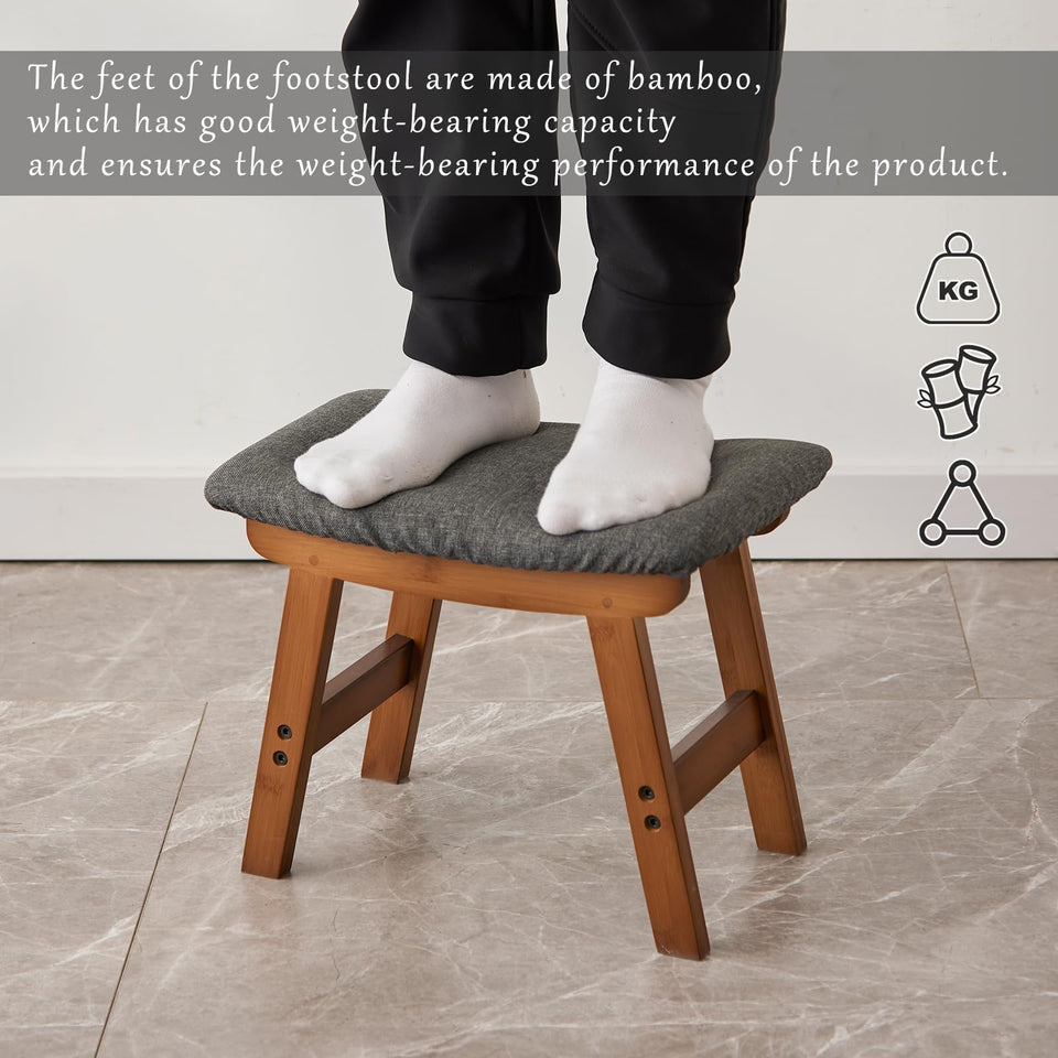 Foot Stool,Ottoman,Bamboo Small Sofa Foot Rest Under Desk,Extra Seating for Living Room, Bedroom and Kitchen(Brown Stool Legs - Beige Surface)