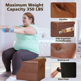 Storage Ottoman Foot Rest Stool, Foldable Leather Footstool Storage Bench with Thicker Foam Padded Seat. Foot Rest Under Desk for Living Room Bedroom 350 lbs, 17x13x13 in, Brown