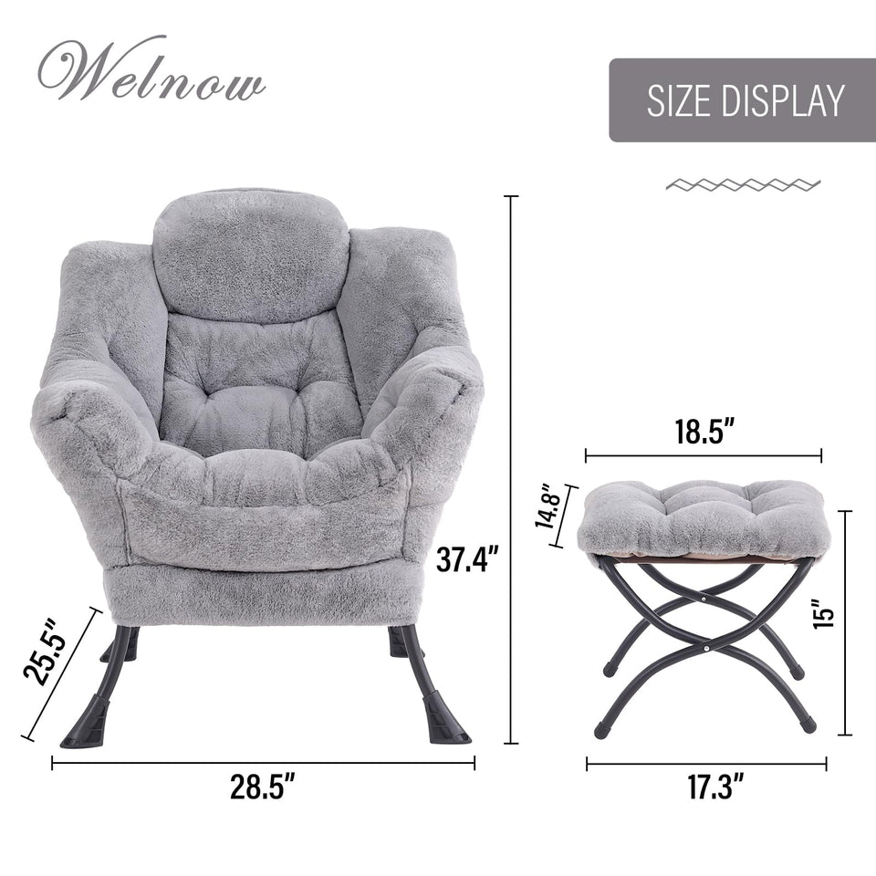 Welnow Lazy Chair with Ottoman, Modern Lounge Accent Chair with Armrests and a Side Pocket, Leisure Sofa Armchair, Reading Armchair with Footrest for Small Space, Dark Grey
