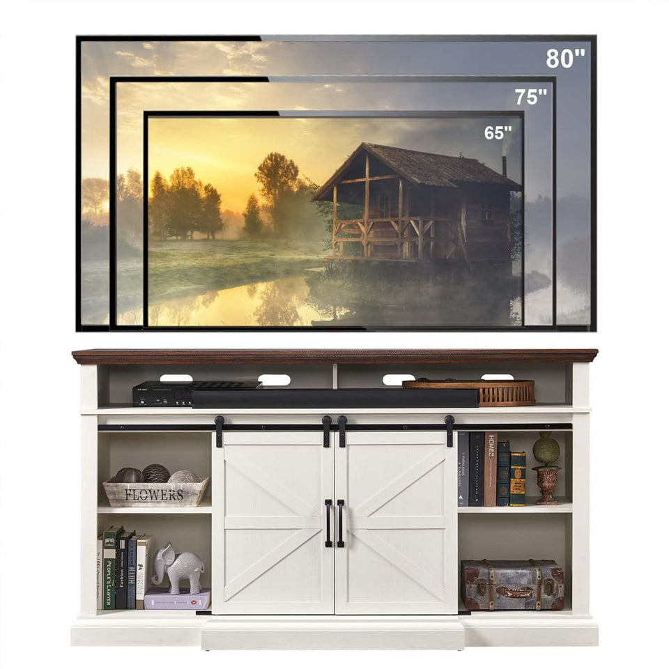Farmhouse TV Stand for 80 Inch TVs, 37.4" Tall Entertainment Center w/Storage Cabinets and Sliding Barn Door, Media Console Cabinet w/Soundbar & Adjustable Shelves for Living Room, 70 inch (White)
