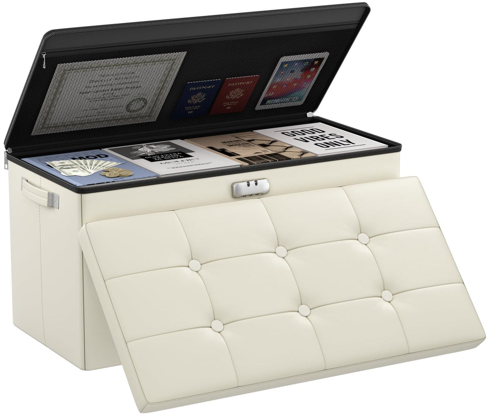 DocSafe Storage Ottoman with Lock,Fireproof Folding Ottoman Foot Rest Stool Storage Chest with Storage Safe for Important Documents,Waterproof 17 Inches Short Ottoman Foot Stool with Handles,Black