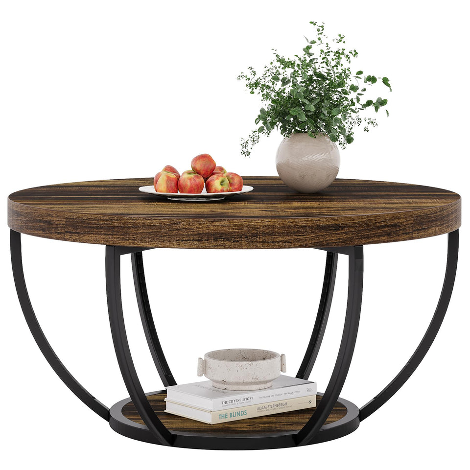 Tribesigns Round Coffee Table, 31.7" Wooden 2-Tier Circle Coffee Table with Storage Shelves, Modern Accent Cocktail Table Center Table for Living Room, Rustic Brown