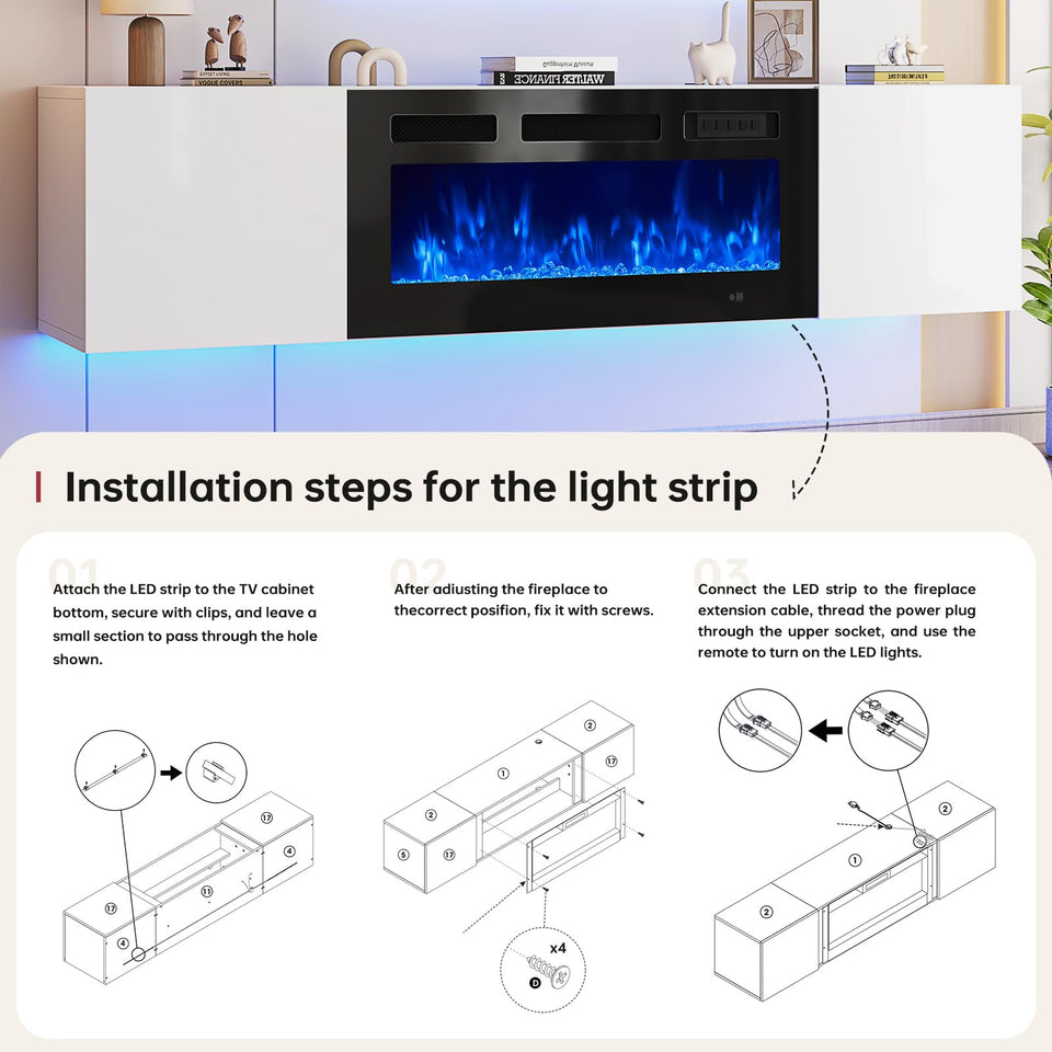 oneinmil 70" Floating TV Stand with 36" Electric Fireplace, Wall Mounted Fireplace Entertainment Center with Storage, Fire Place TV Console for Living Room, All Black