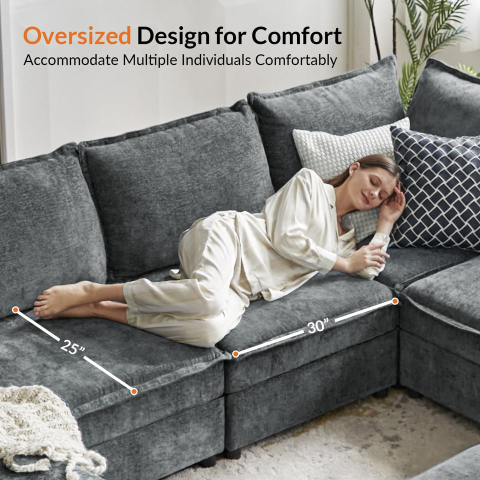 HULALA HOME 127'' Modular Sectional Sofa, Oversized U Shaped Couch with Storage Ottoman, Comfy Chenille Sofa with Deep Seat, 6 Seat Convertible Couches for Living Room, Beige