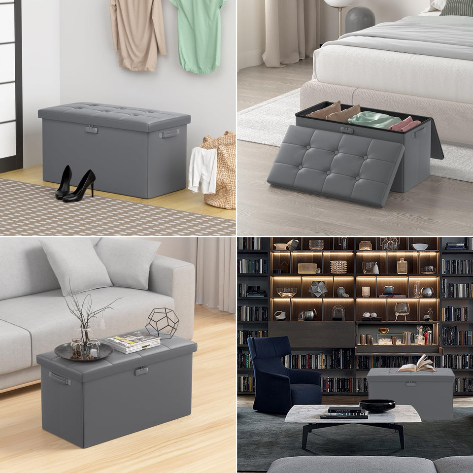 DocSafe Storage Ottoman with Lock,Fireproof Folding Ottoman Foot Rest Stool Storage Chest with Storage Safe for Important Documents,Waterproof 17 Inches Short Ottoman Foot Stool with Handles,Black