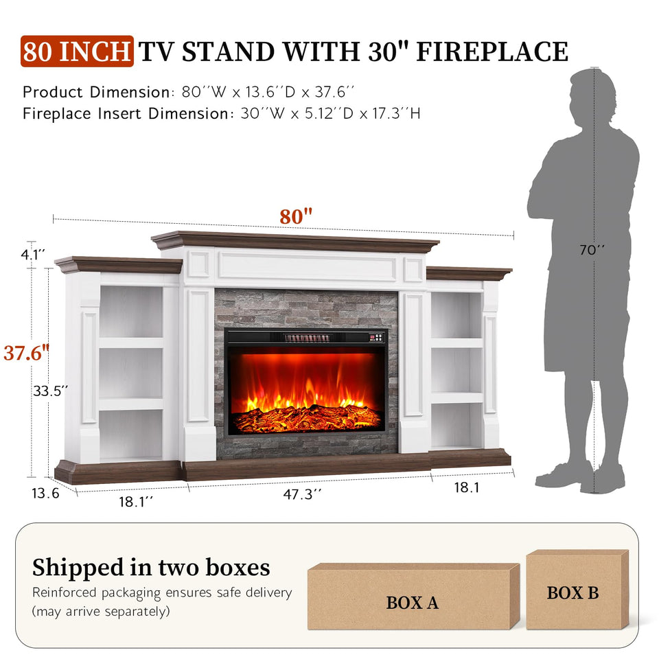 80" Fireplace TV Stand for TVs Up to 90 Inch, Electric Fireplace with Mantel, Farmhouse Entertainment Center with Storage, Realistic Stacked Stone Surround with Remote Control for Living Room