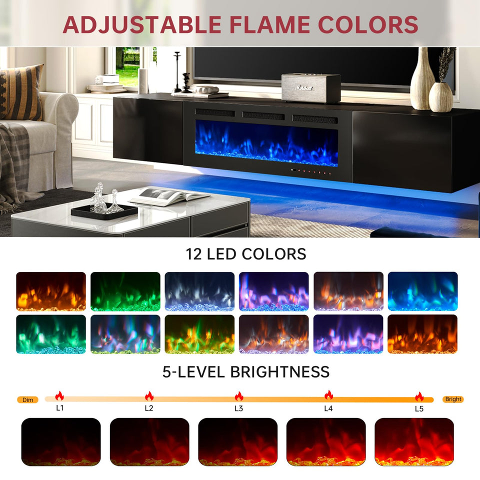 oneinmil 70" Floating TV Stand with 36" Electric Fireplace, Wall Mounted Fireplace Entertainment Center with Storage, Fire Place TV Console for Living Room, All Black