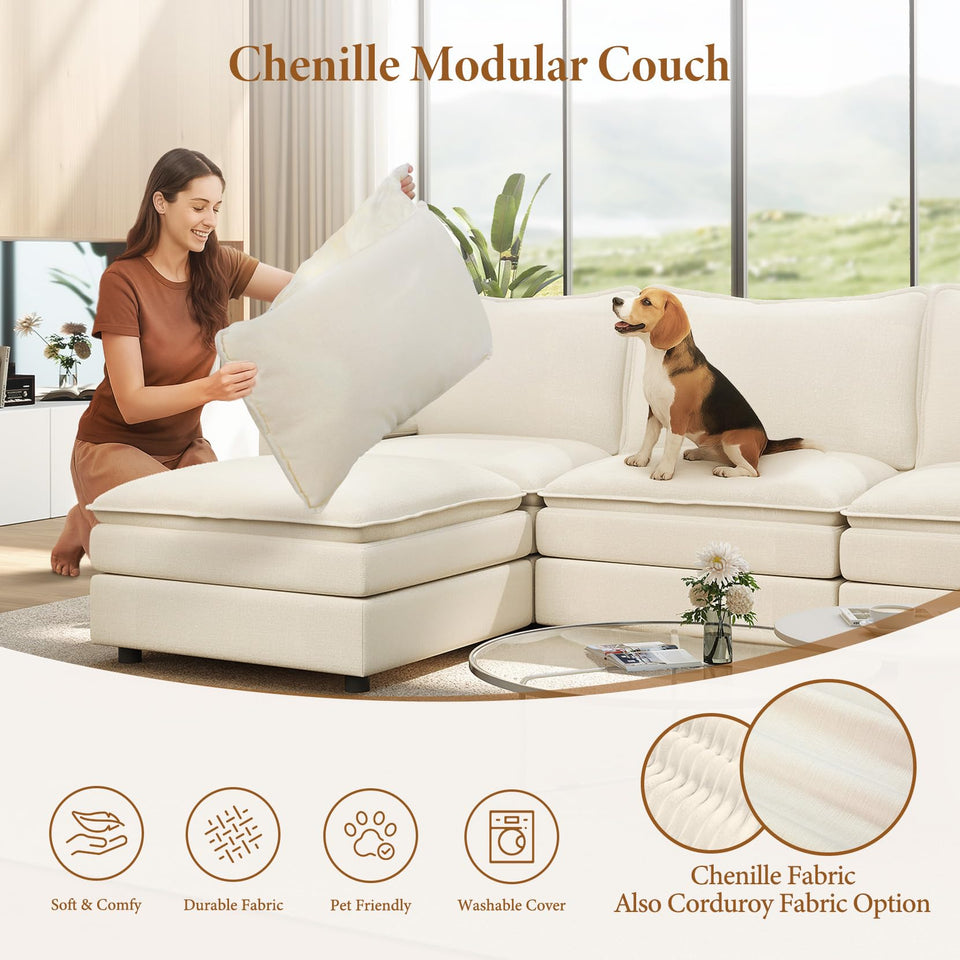 Vesgantti 142" U Shaped Sectional Couch, Comfy Cloud Modular Sectional Sofa with 2 Ottoman Deep Seat Chenille Modern Cloud Sofa, Modular Sofas for Living Room, Bedroom and Apartment, Beige