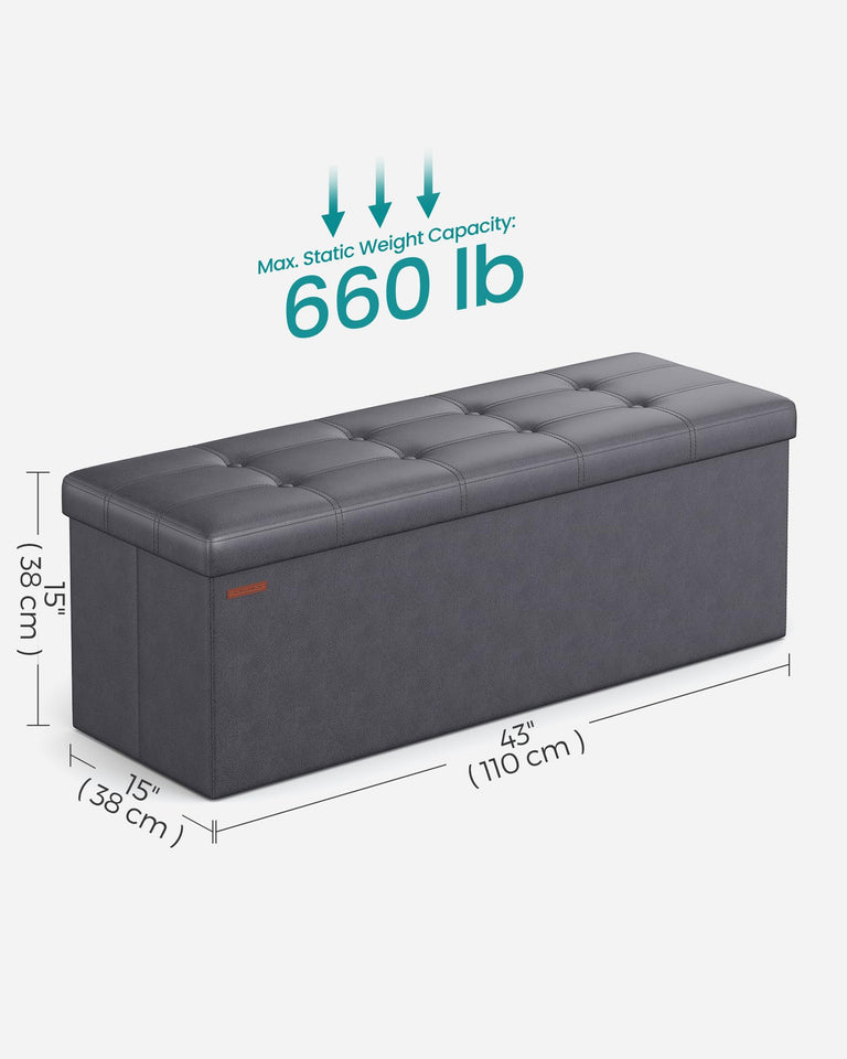 SONGMICS MAZIE Collection - 43 Inches Folding Storage Ottoman Bench, Ottoman with Storage, Foot Rest Stool, Load 660 lb, for Living Room, Synthetic Leather, Black ULSF701