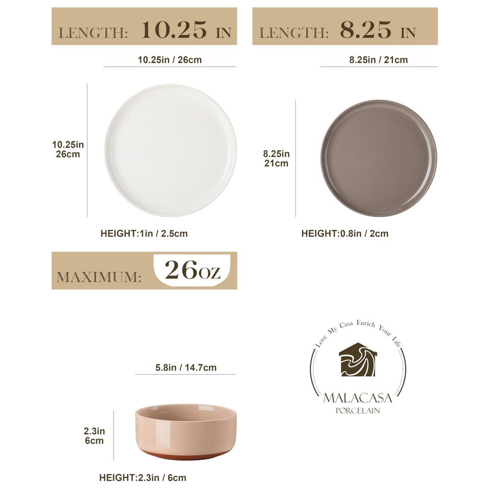 MALACASA Plates and Bowls Sets, 24 Pieces Modern Ceramic Dinnerware Set for 8 Kitchen Stoneware Dishes Dishware Set Microwave and Dishwasher Safe, White, Series TARA