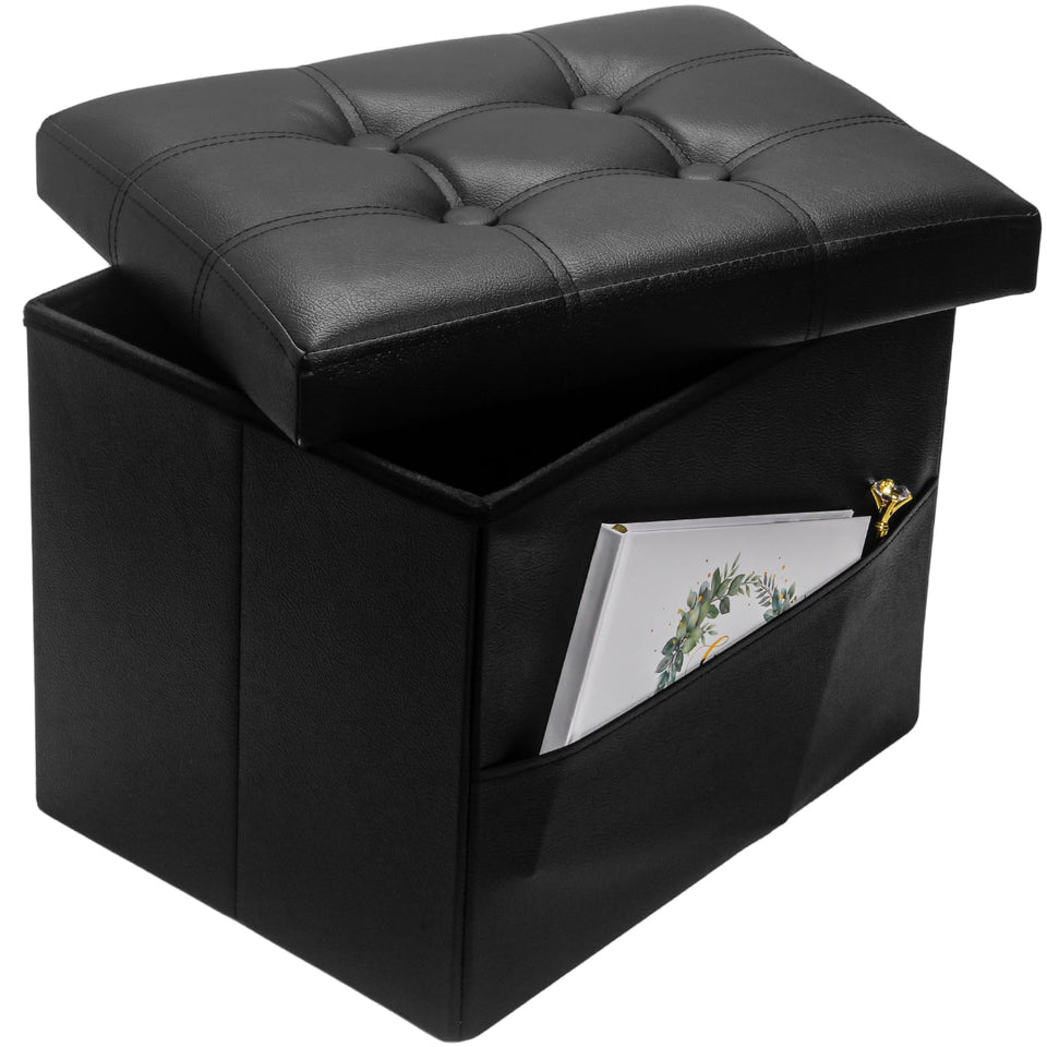 Bsketa Storage Ottoman, Folding Foot Stool with Thicker Foam Padded Seat Small Leather Storage Ottoman Bench Foot Rest for Living Room Foldable Coffee Table 17x13x13in,Black
