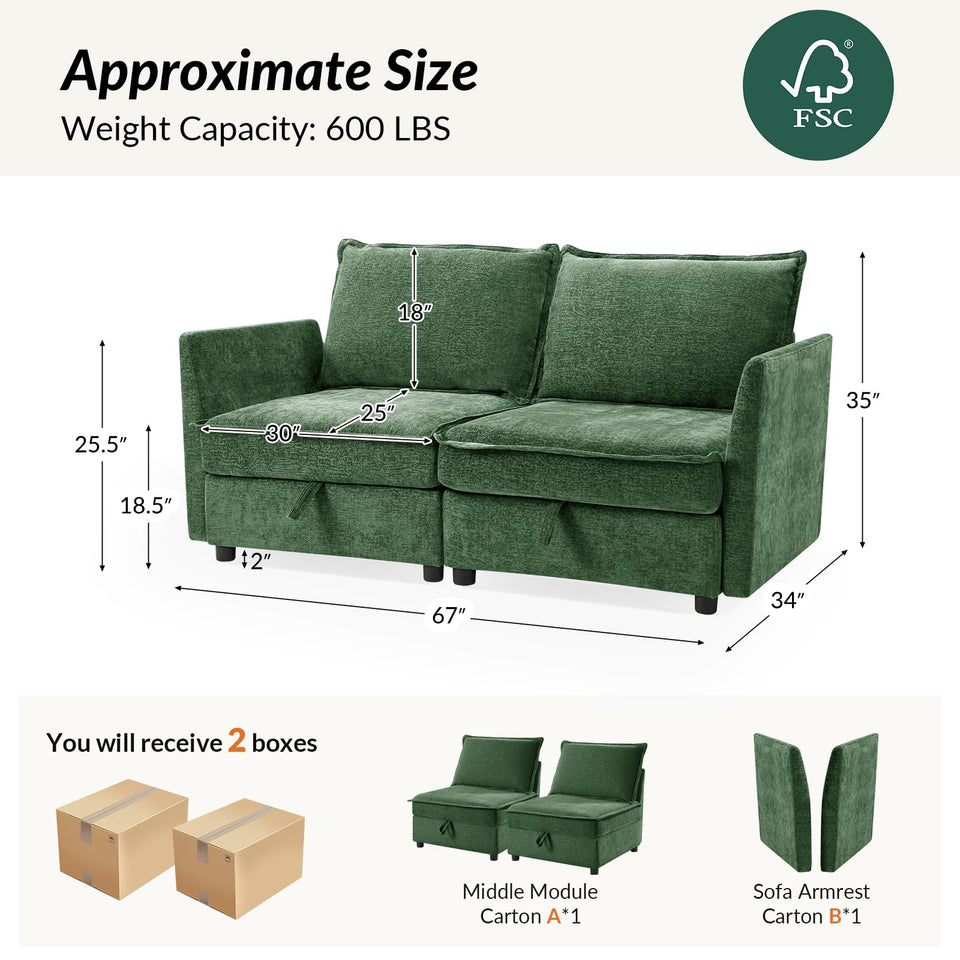 HULALA HOME 127'' Modular Sectional Sofa, Oversized U Shaped Couch with Storage Ottoman, Comfy Chenille Sofa with Deep Seat, 6 Seat Convertible Couches for Living Room, Beige