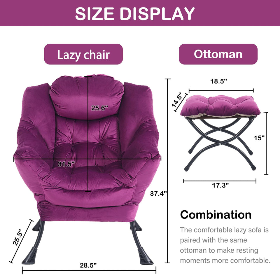 LITA Lazy Chair with Ottoman, Modern Accent Leisure Upholstered Lazy Sofa Armchair, Contemporary Lounge Reading Chair with Armrests and a Side Pocket for Living Room, Bedroom & Small Space, Dark Grey