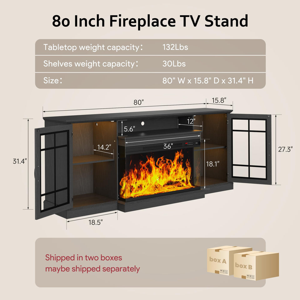oneinmil 36 Inch 3-Sided Glass Fireplace TV Stand for TVs up to 80", Rustic Media Entertainment Center Console Table with Glass Door Closed Storage, Set of TV Table, White