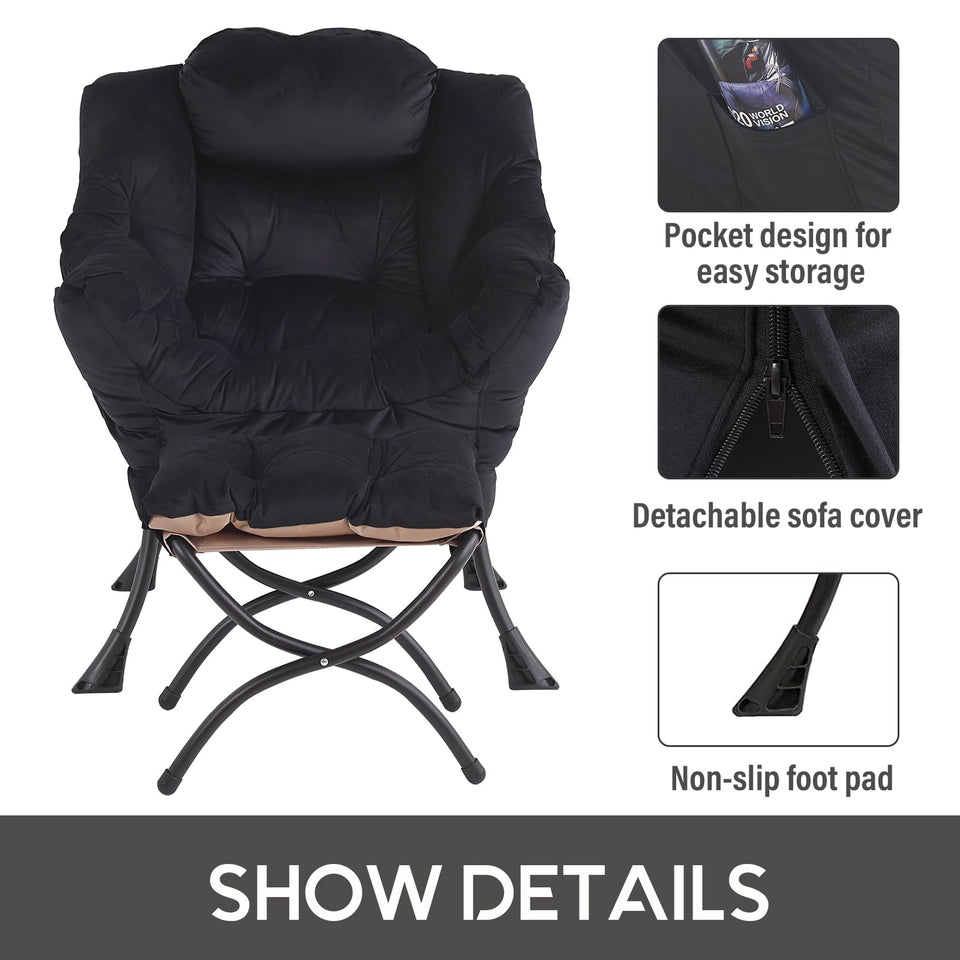 LITA Lazy Chair with Ottoman, Modern Accent Leisure Upholstered Lazy Sofa Armchair, Contemporary Lounge Reading Chair with Armrests and a Side Pocket for Living Room, Bedroom & Small Space, Dark Grey