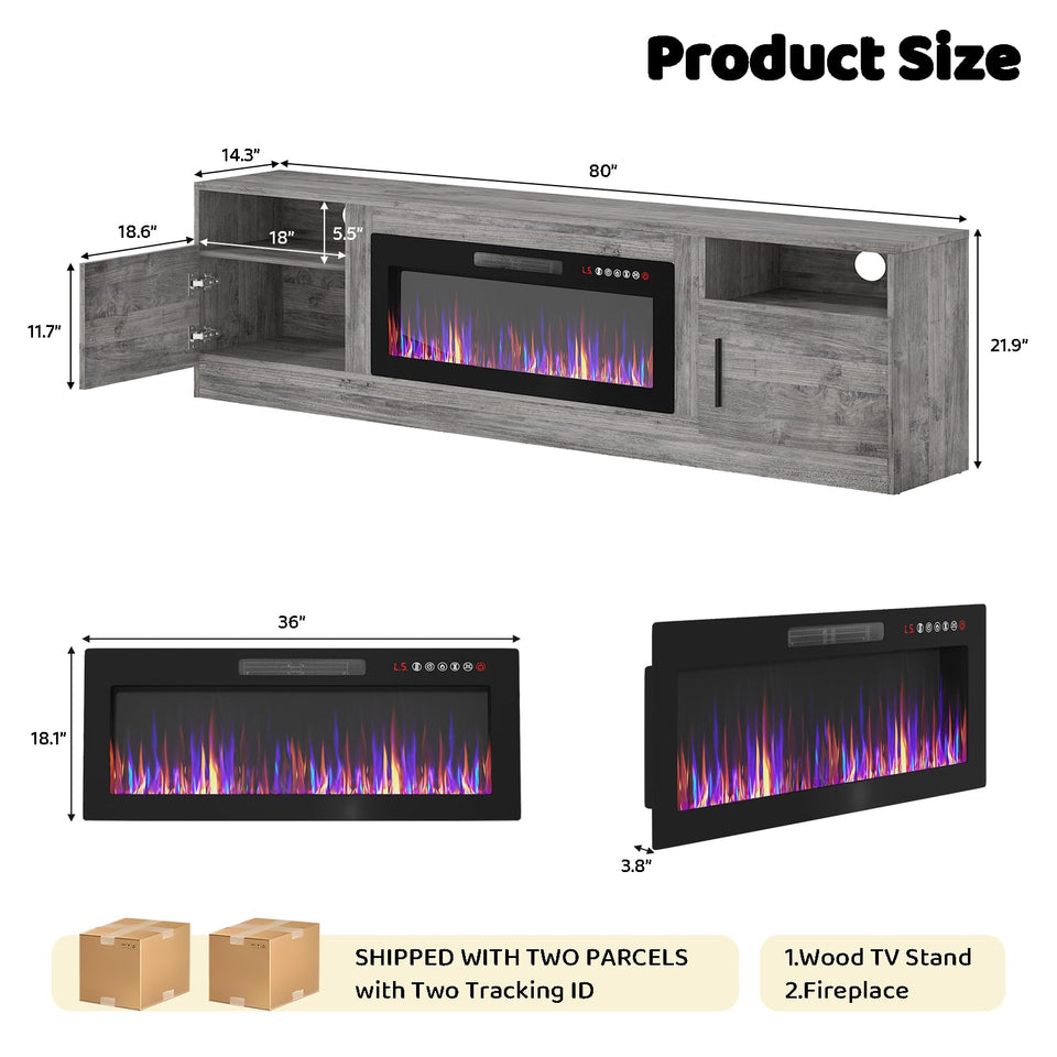 Lemberi Fireplace tv Stand with 36 inch Fireplace Up to 90" TVs, LED Light Entertainment Center and Storage, 80" Modern Wood Media TV Console with Highlight Cabinet for Living Room (White)