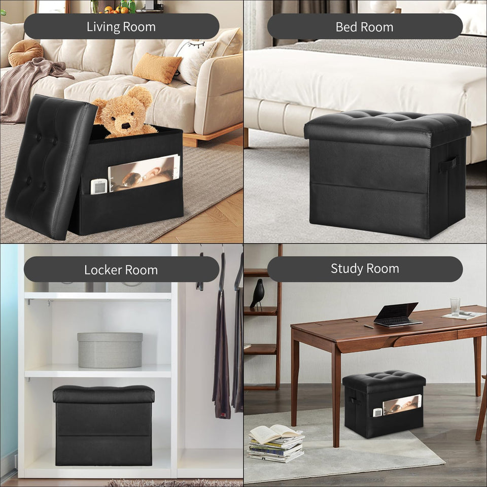 Storage Ottoman Foot Rest Stool, Foldable Leather Footstool Storage Bench with Thicker Foam Padded Seat. Foot Rest Under Desk for Living Room Bedroom 350 lbs, 17x13x13 in, Brown