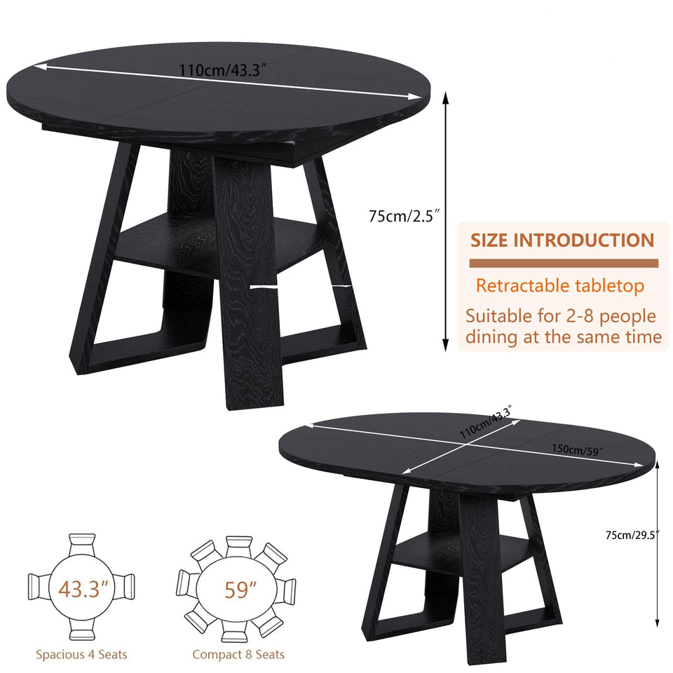43.3in-59in Extendable Round Dining Table for 4-8,Modern Kitchen Oval Dining Table with Removable Leaves Space Saving,Wood Base with Storage Shelf for Kitchen Living Room (Walnut)