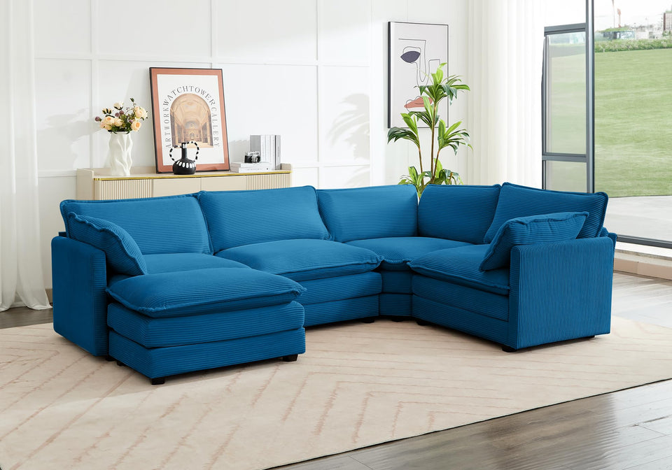 ROWHY 150'' Modular Sectional Sofa Cloud Couch, Corner Sofa Big Comfy Corduroy Oversized L Shaped Couch with 4 Pillows, Chaise, Ottoman, Deep Seat Couches for Living Room Office, Dark Grey