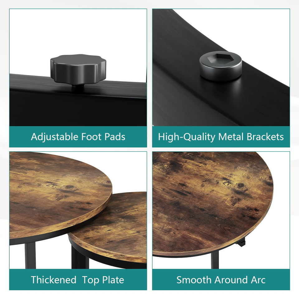 Smuxee Nesting Coffee Table Set of 2, 23.6" Round Coffee Table Wood Grain Top with Adjustable Non-Slip Feet, Industrial End Table Side Tables for Living Room Bedroom Balcony Yard