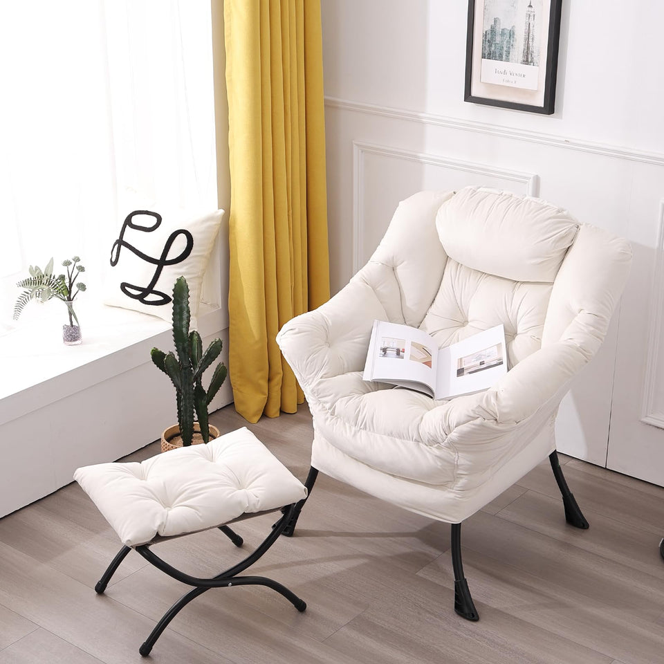 LITA Lazy Chair with Ottoman, Modern Accent Leisure Upholstered Lazy Sofa Armchair, Contemporary Lounge Reading Chair with Armrests and a Side Pocket for Living Room, Bedroom & Small Space, Dark Grey