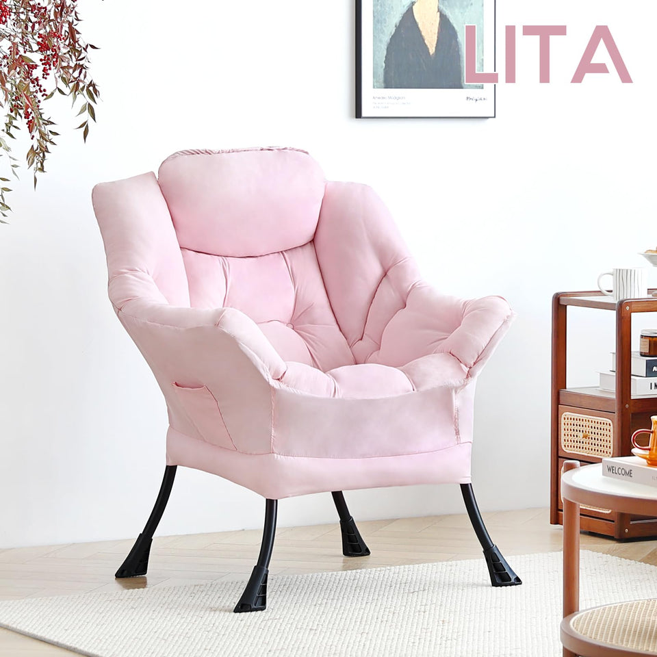 LITA Lazy Chair with Ottoman, Modern Accent Leisure Upholstered Lazy Sofa Armchair, Contemporary Lounge Reading Chair with Armrests and a Side Pocket for Living Room, Bedroom & Small Space, Dark Grey