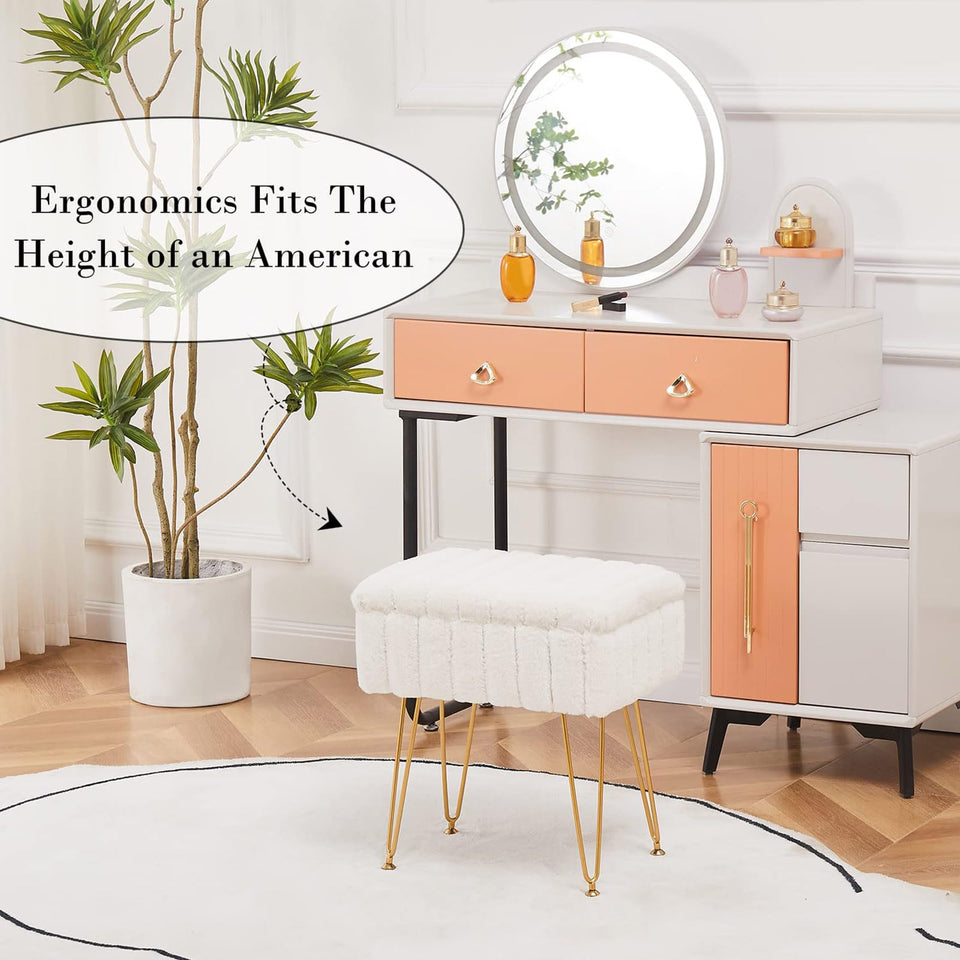 Wimarsbon Storage Ottoman, Vanity Stools with Metal Legs, 16.5" x 11.8" x 18" Modern Faux Mink Fur Footstool, Makeup Chair with Anti-Slip Feet, Accent Table,Footrest,Storage Bench for Bedroom