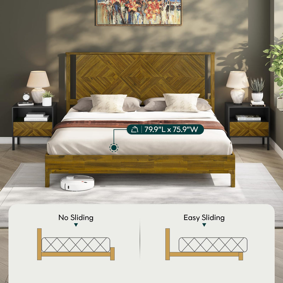 Bme Vivian 14 Inch Deluxe Bed Frame with Headboard, Rustic & Scandinavian Style with Solid Acacia Wood, No Box Spring Needed, 12 Strong Wood Slat Support, Easy Assembly, King, Rustic Golden Brown