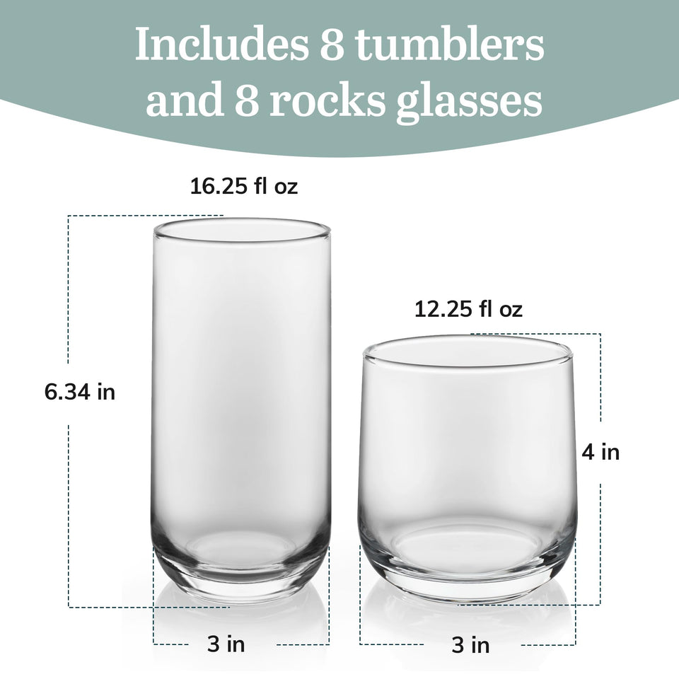 Libbey Ascent Tumbler and Rocks Drinking Glasses Set of 16, Glass Drinking Glasses with Curvature, Versatile Glassware Set for Parties and More