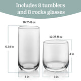 Libbey Ascent Tumbler and Rocks Drinking Glasses Set of 16, Glass Drinking Glasses with Curvature, Versatile Glassware Set for Parties and More