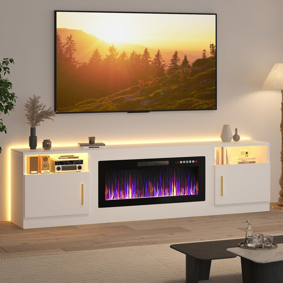 Lemberi Fireplace tv Stand with 36 inch Fireplace Up to 90" TVs, LED Light Entertainment Center and Storage, 80" Modern Wood Media TV Console with Highlight Cabinet for Living Room (White)