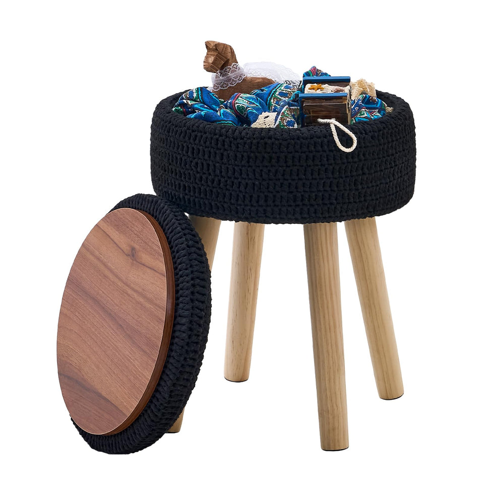 Wimarsbon Pouf Ottoman, 100% Cotton Knitted Boho Footstool, Round Footrest with Non-Skid Wood Legs, Home Décor Handmade Pouffe, Leisure Floor Step Stool for Living Room (Beige)