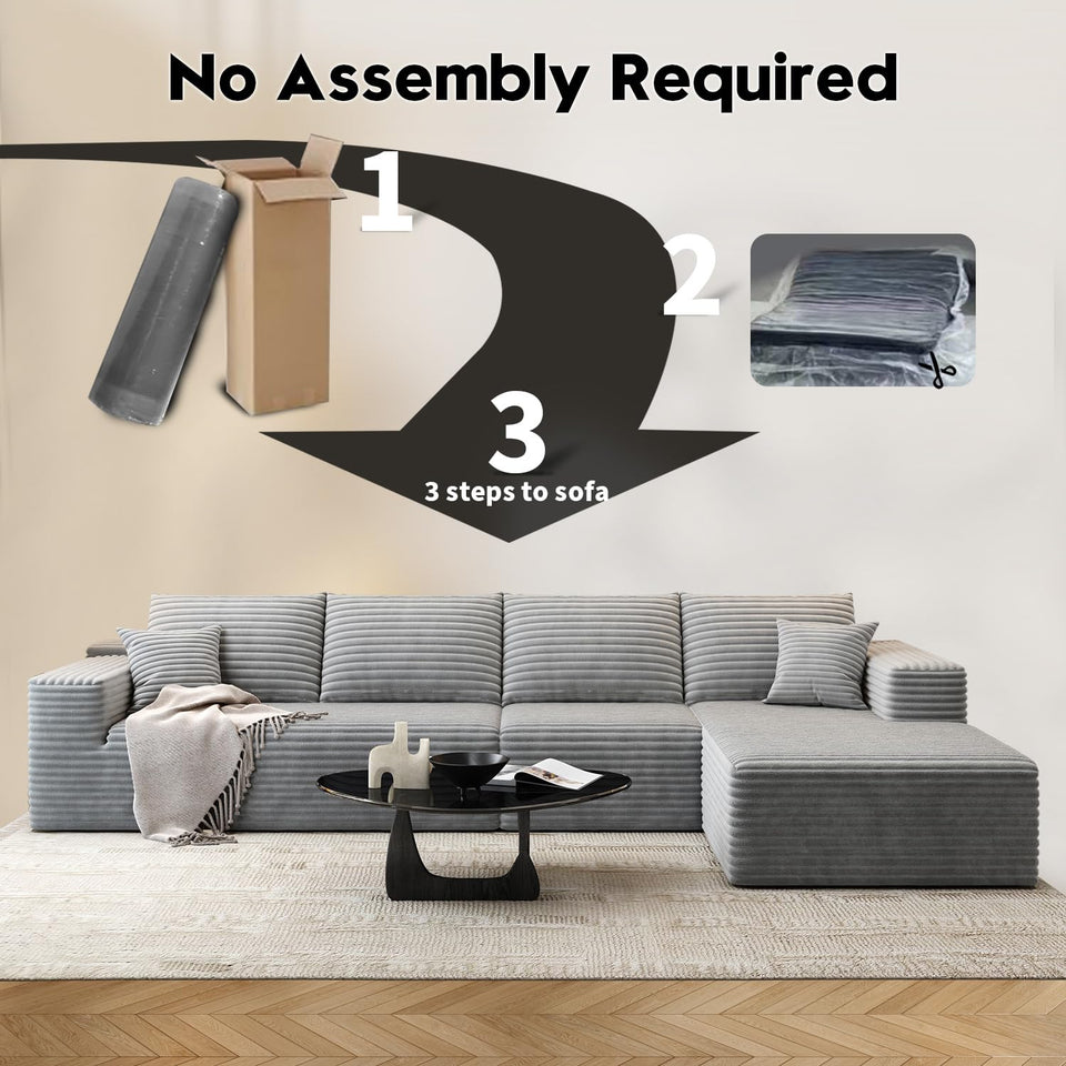 135.4" Cloud Modular Sectional Couch with 1 Ottoman,Modern Minimalist Upholstered Couches, Comfort U Shaped Sofa for Living Room,Deep Seat Corner Couch，No Assembly Required (Black,Left Facing Chaise)