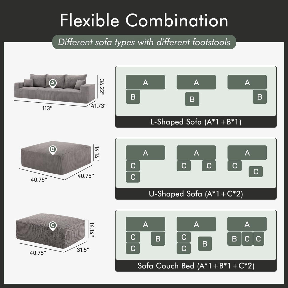 Boneless Sectional Cloud Couch Sofa for Living Room, 112" U-Shaped Modular Modern Lounge Sleeper Black Couches with Chaise, No Assemble, Cordury Compression Upholstered Sofas