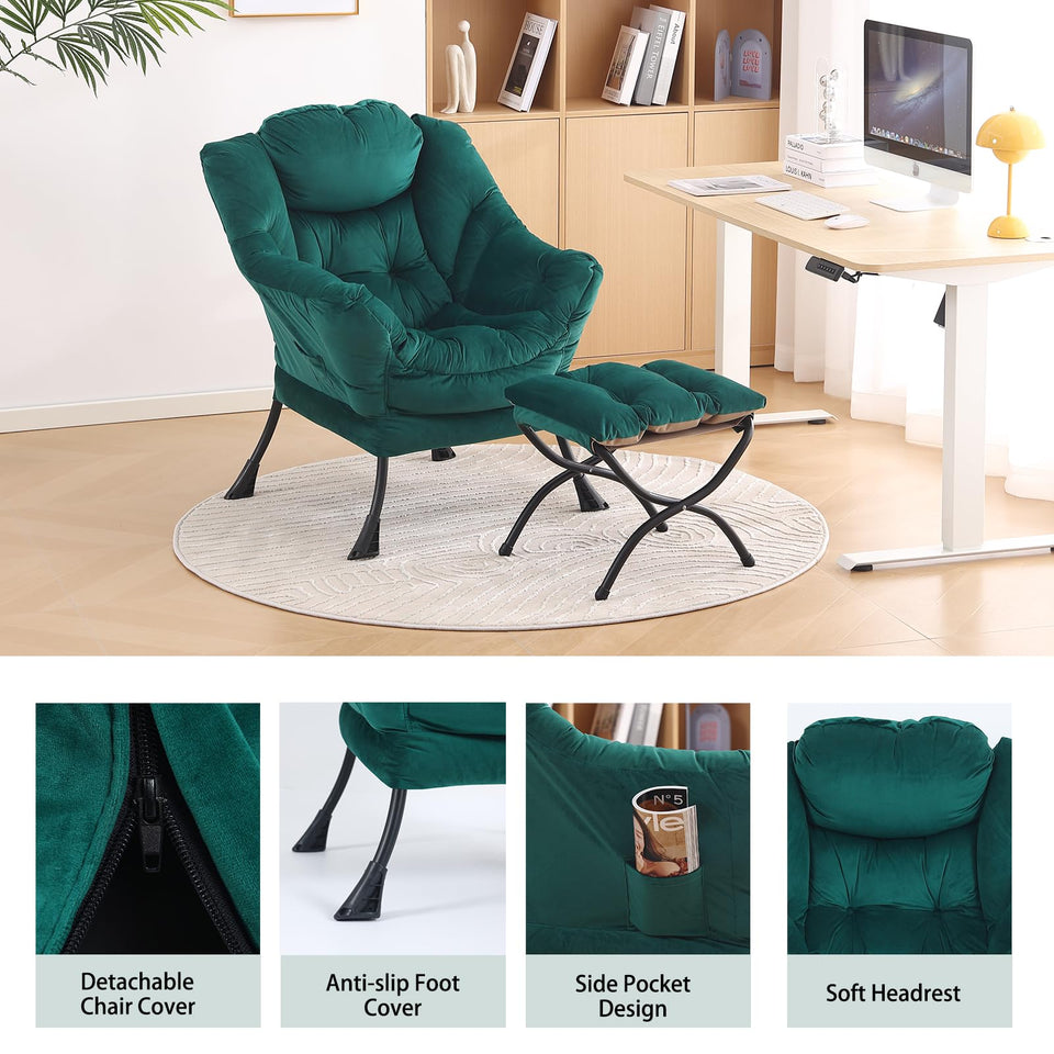 LITA Lazy Chair with Ottoman, Modern Accent Leisure Upholstered Lazy Sofa Armchair, Contemporary Lounge Reading Chair with Armrests and a Side Pocket for Living Room, Bedroom & Small Space, Dark Grey