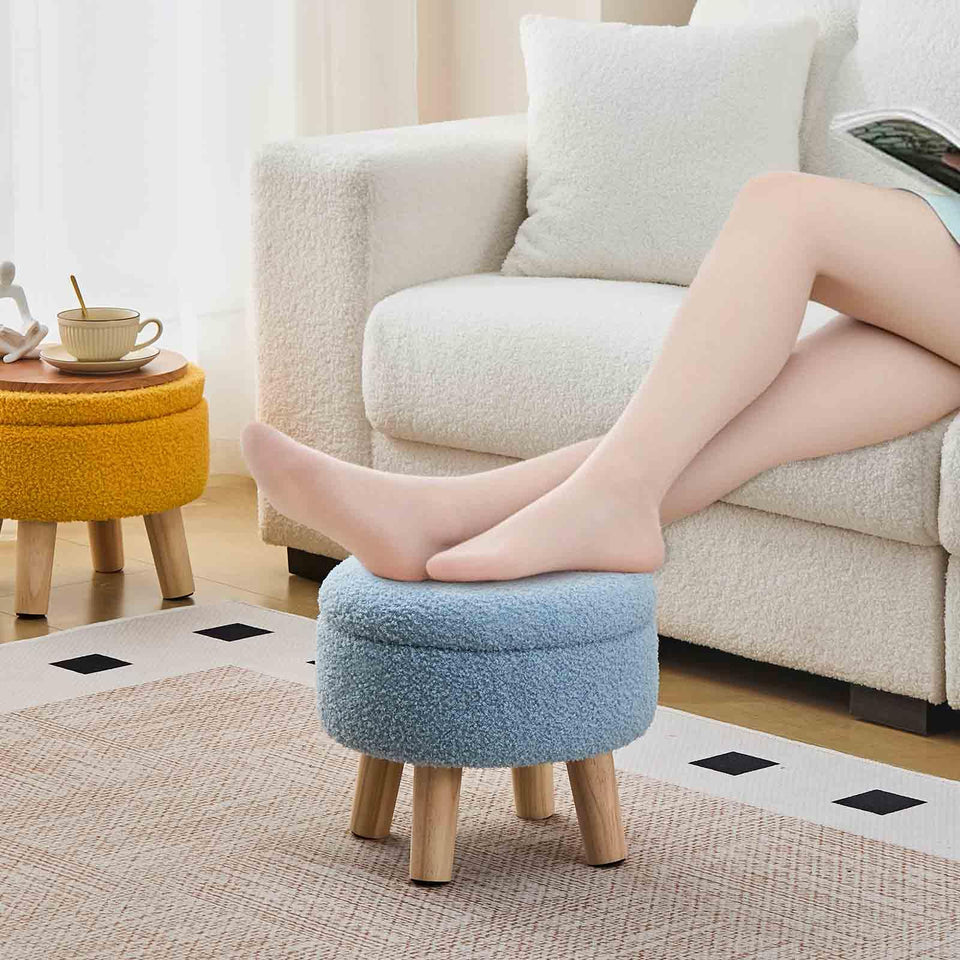 Wimarsbon Storage Ottoman, Modern Round Footrest with Soft Padded Seat, Teddy Velvet Footstool with Wood Legs, Accent Small Table or Plant Stand for Hallway, Living Room (Cream)