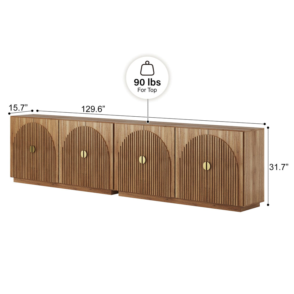 BELLEZE 65 Inch Fluted Buffet Cabinet with Storage, Symmetrical Arc Accent Sideboard Large Console Table for Dining Room, Kitchen, and Living Room (Caramel Brown)