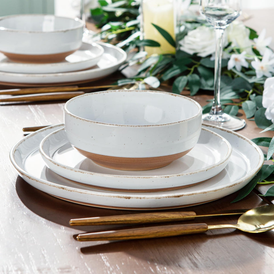 AmorArc Ceramic Dinnerware Sets for 8, 24 Pieces Handpainted Plates and Bowls Set with Rustic Terracotta Underside, Scratch Resistant Stoneware Dishes Set, Dishwasher & Microwave Safe, Light Beige