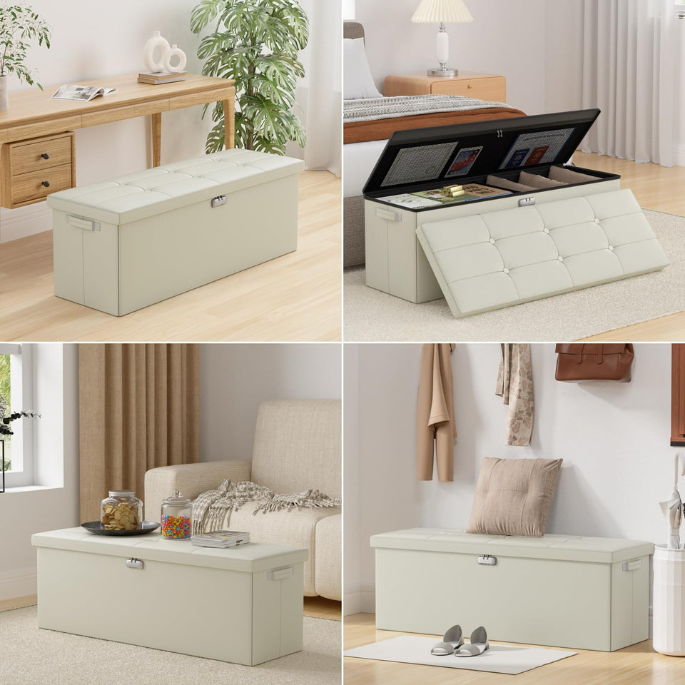 DocSafe Storage Ottoman with Lock,Fireproof Folding Ottoman Foot Rest Stool Storage Chest with Storage Safe for Important Documents,Waterproof 17 Inches Short Ottoman Foot Stool with Handles,Black