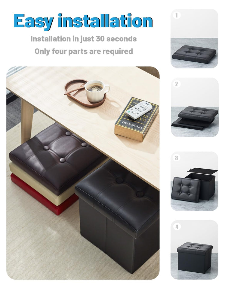 AmasSmile Storage Ottoman Folding Foot Rest Stool, Leather Footstool Bench, Short Ottoman Stool, Storage Foot Rest Store, Books (Black, 17" D x 13" W x 13" H)